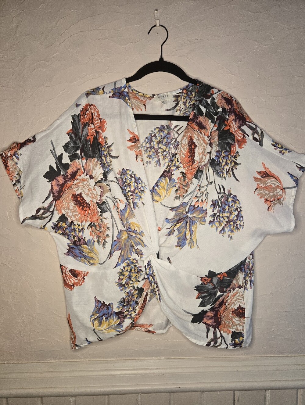 Umgee Floral Twist-Front Blouse - White with Coral & Lavender Flowers